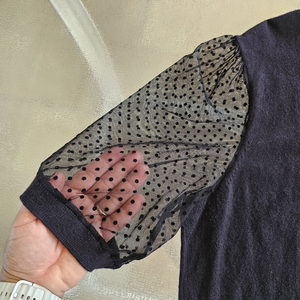 Annie Klein XL Casual Black Top with Sheer Polka Dot Sleeves - Picture 5 of 12